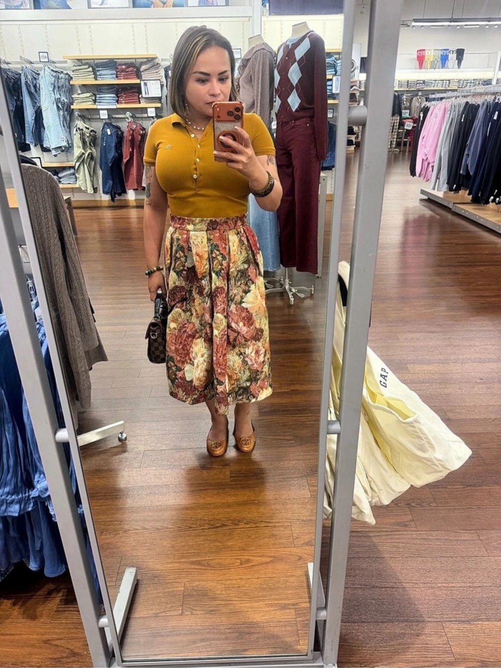 Floral Midi Skirt in Brown & Yellow Like New
